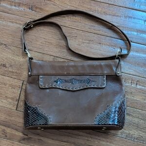 Tony Lama Vintage Brown Leather Shoulder Bag with Snakeskin Accents